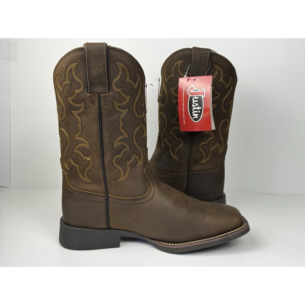Justin Square Toe Cowboy Leather Boots Men Size 8.5 2E Wide Brown Buffalo SW1001 - Picture 6 of 7
